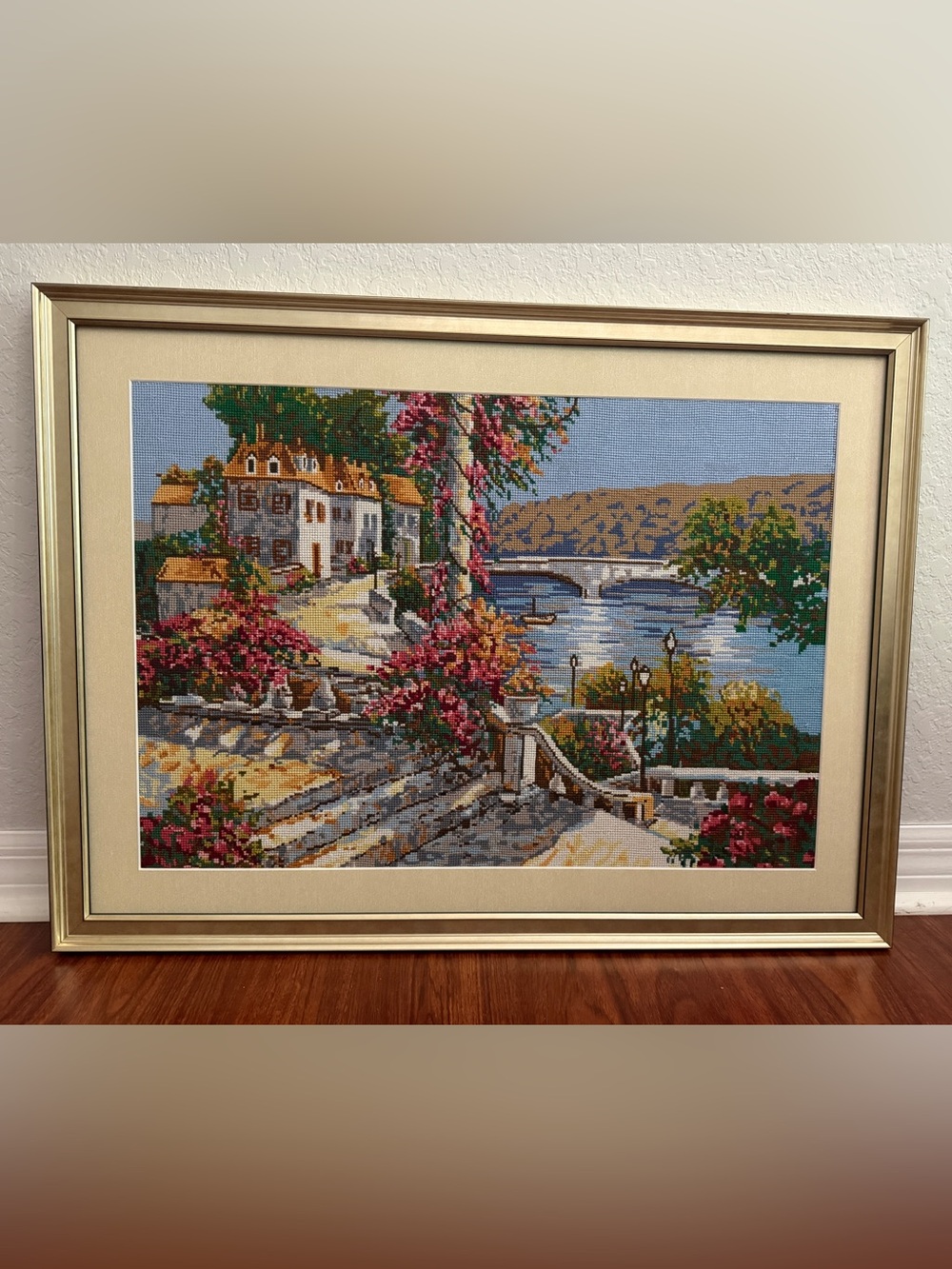 Framed Cross-Stitch Scenic River Landscape with Floral Accents